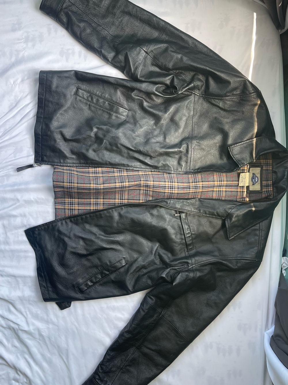 Men's Black Leather Jacket with Plaid Lining